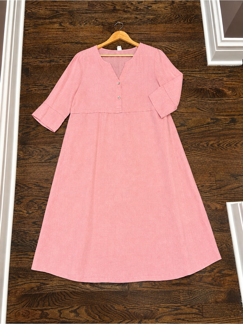 Casual Pink A-Line Midi Dress with Button Front